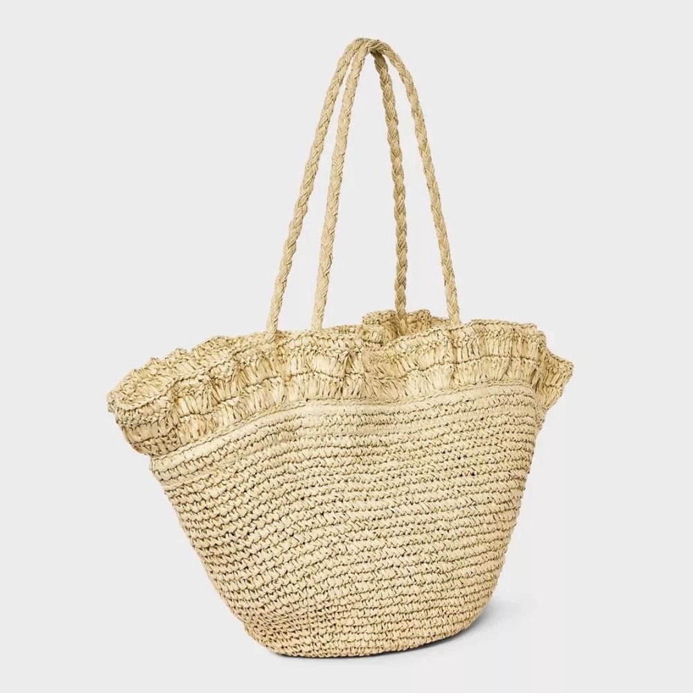 A New Day Womens Ruffle Woven Straw Tote Bag Beige Cream Summer Beach Shoulder - Picture 3 of 5